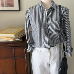 LOFT Navy & White Striped Cotton Button-Up Shirt | Size M